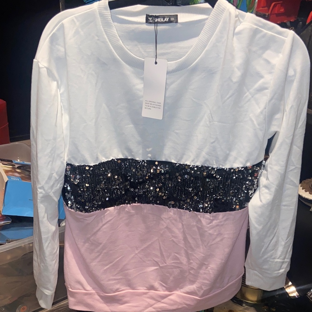 Sheilay White & Pink Sequin Stripe Sweatshirt